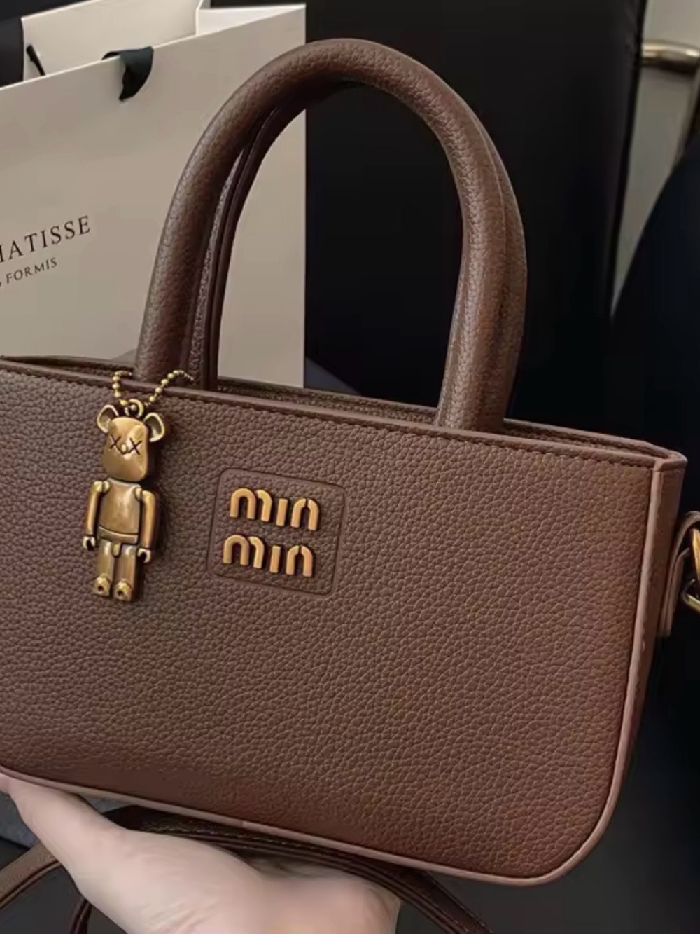 Miu Miu Brown Pebbled Leather Satchel with Gold Bear Charm